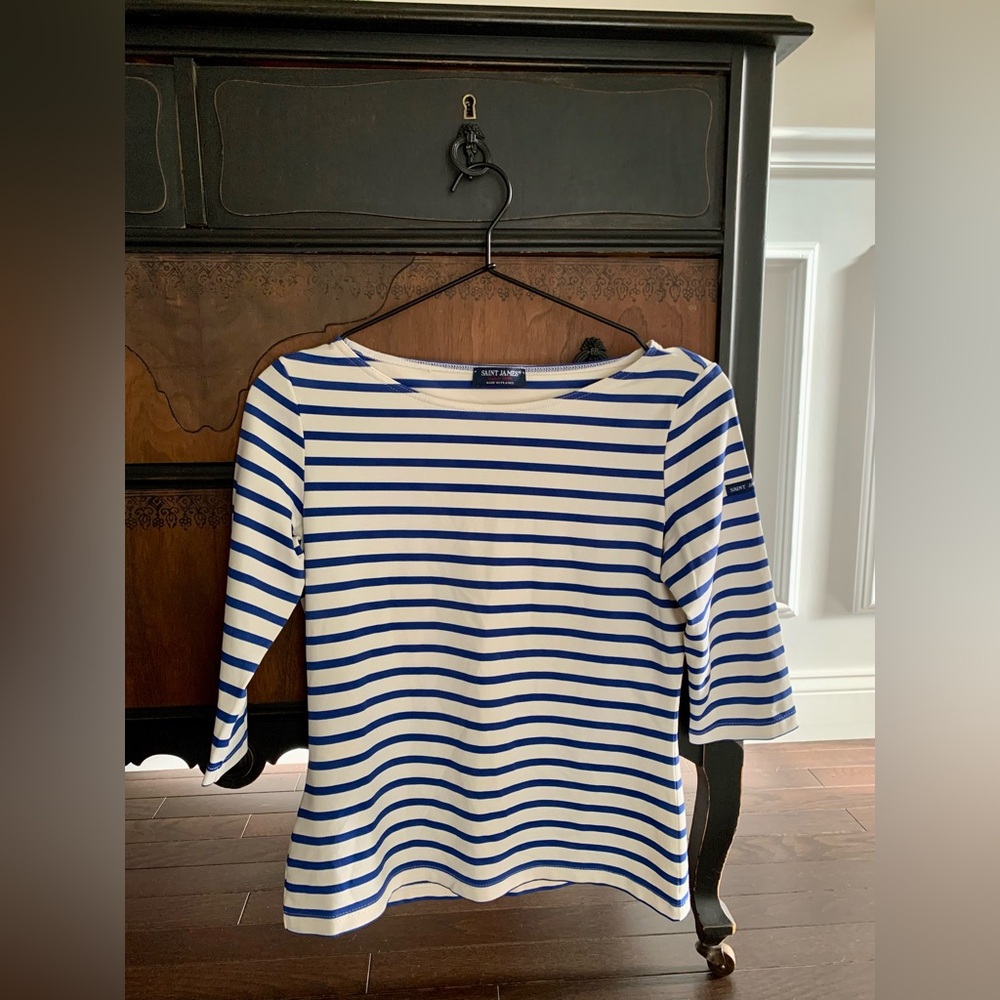 Saint James Classic Breton Striped Boatneck Top in White and Blue